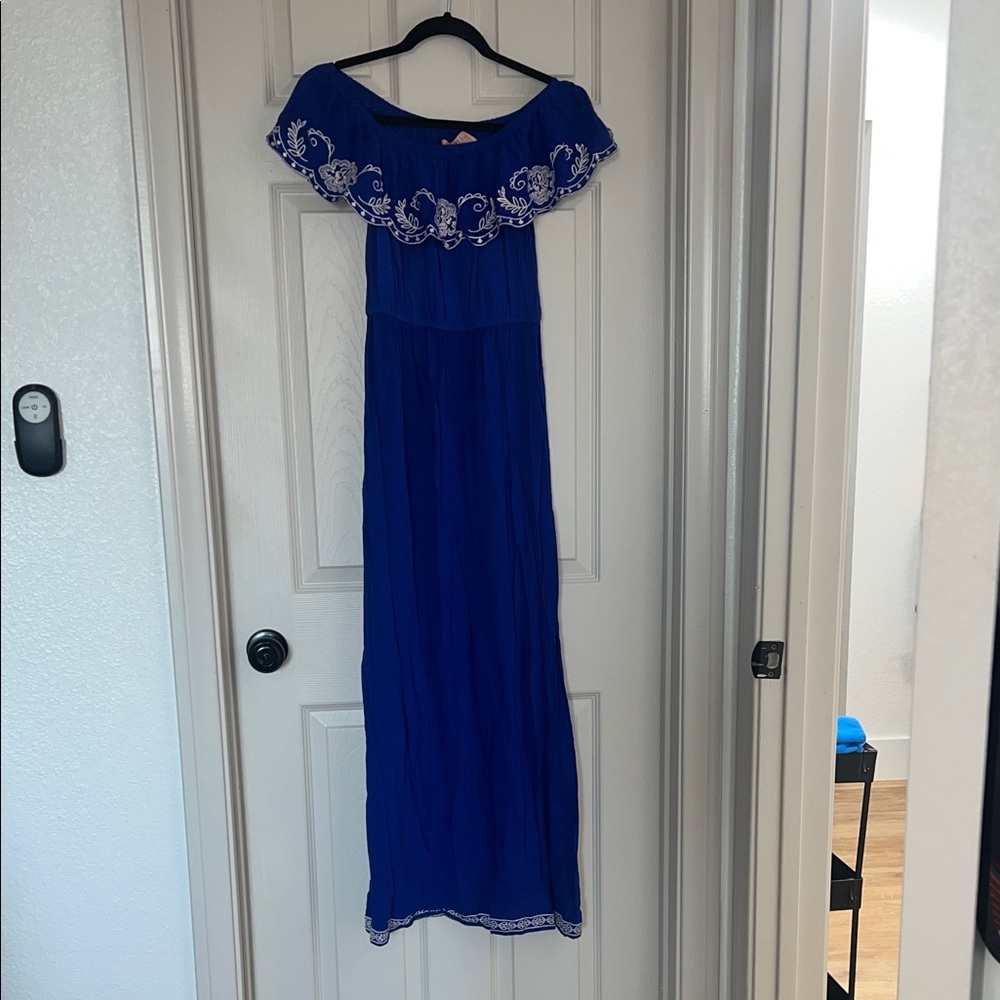 Flying Tomato Royal Blue Maxi Dress with White Embroidery
